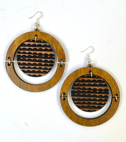 Large Wooden Dangle Earring, Etched Pattern, Sterling Silver Attachment