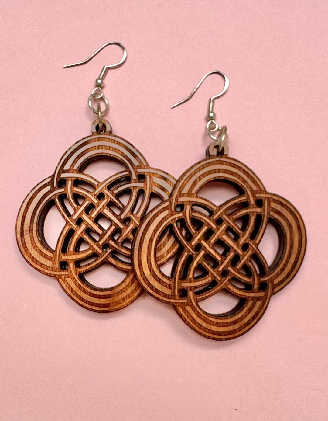 Large Wooden Dangle Earrings, Ancient Celtic Cross, Sterling Silver Attachment 6.5x5x0.6cm