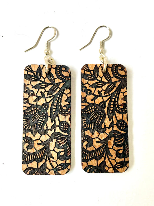 Wooden Dangle Earring, Large Rectangle, Lace Pattern 8cm x 8vm x 0.3 Sterling silver Wire