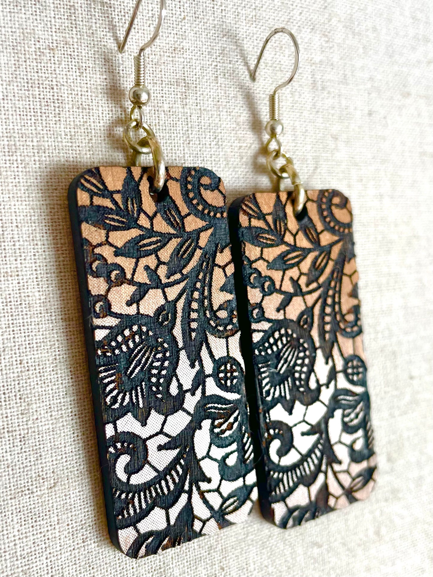 Wooden Dangle Earring, Large Rectangle, Lace Pattern 8cm x 8vm x 0.3 Sterling silver Wire