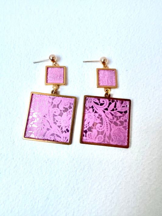 Pink Lace Mirror and Gold 2 x Piece Dangle Earring