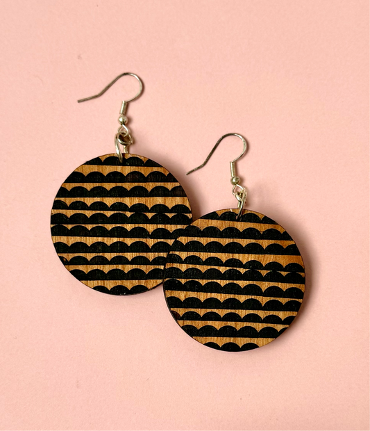 Chunky Wooden Dangle Earring, Abstract Etched Pattern & St.Silver 7cm x 6cm x 0.5cm