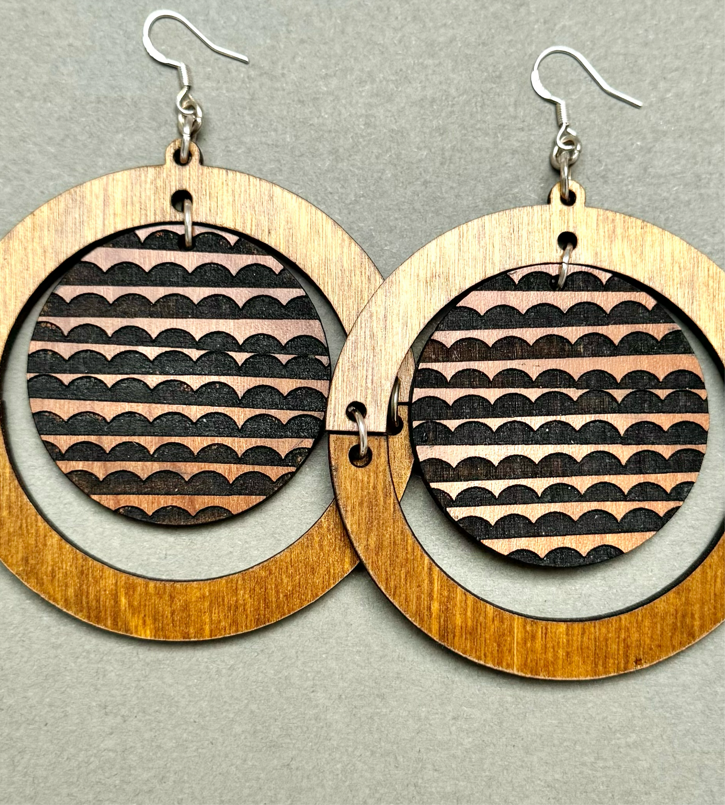 Large Wooden Dangle Earring, Etched Pattern, Sterling Silver Attachment