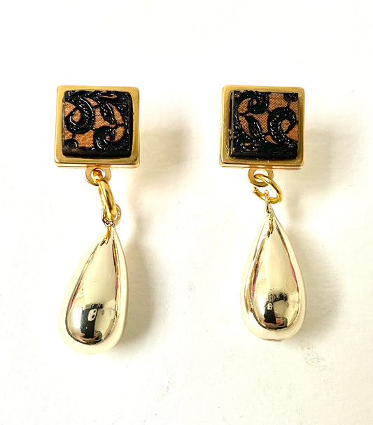 Wooden Studs, Lace Pattern with Gold bead 3cm x 1cm x 0.4cm