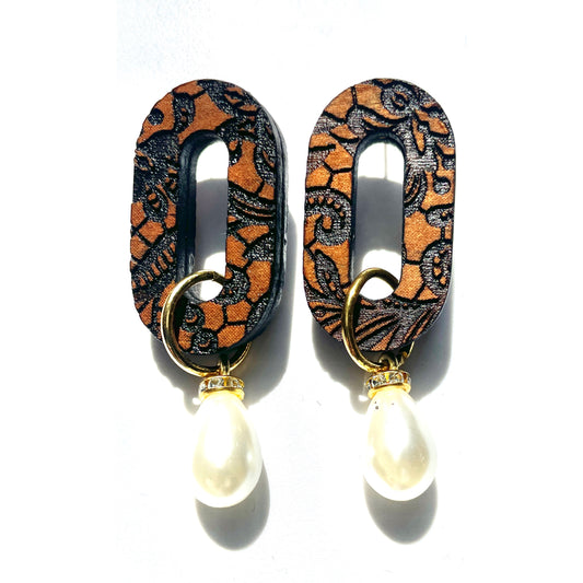Wooden Oblong, Chunky Stud Earring, Lace Etching With Large Pearl Bead 5cm x 2.5cm x 0.8cm