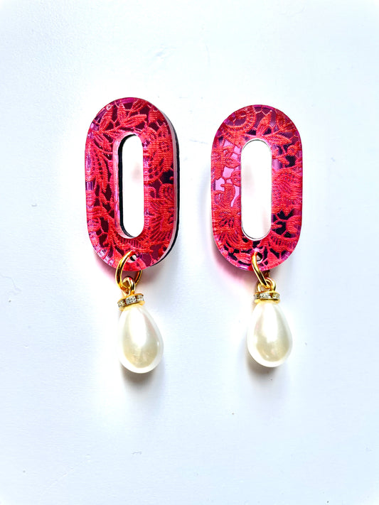 Pink and gold hand painted, lace pattern oblong earrings with pearl bead.