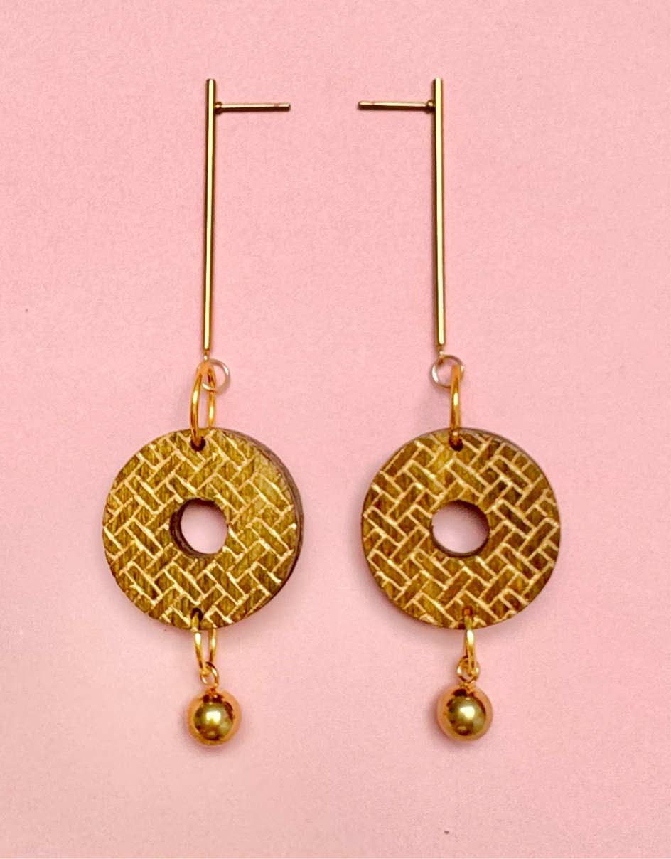 Wooden Dangle Hoop Earring, Celtic Pattern, Gold Bar and Bead 8cm x 2.5cm x 0.8cm