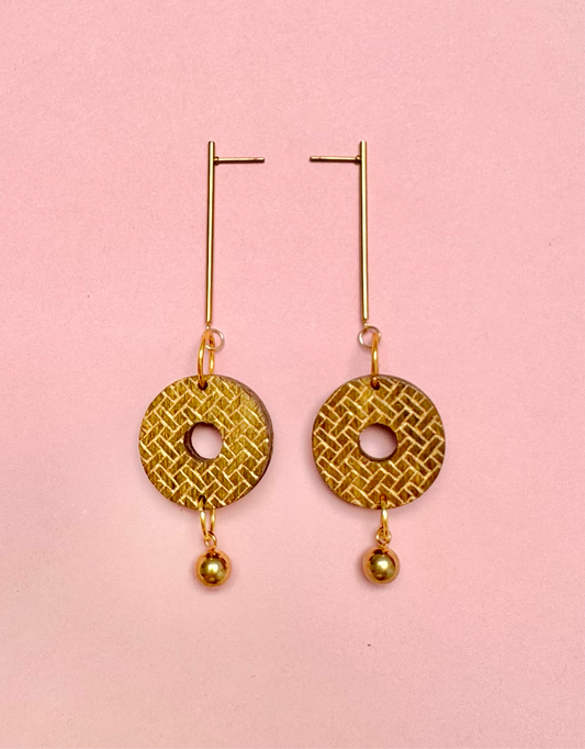 Wooden Dangle Hoop Earring, Celtic Pattern, Gold Bar and Bead 8cm x 2.5cm x 0.8cm