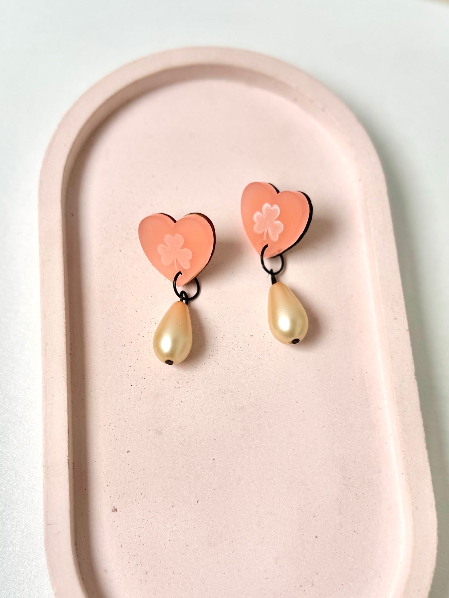 Pink Shamrock Heart Stud Earrings with large pearl 3.5cm x 2cm x 0.6cm