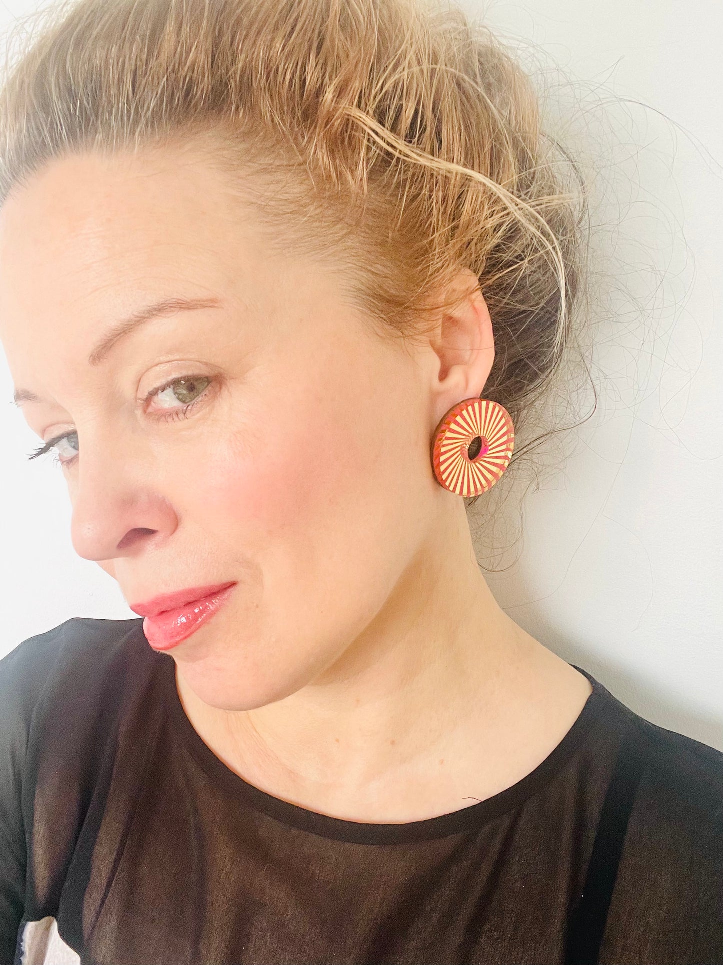 Pink and Gold Swirl Large Stud Earring 5cm x 5cm x 0.6cm