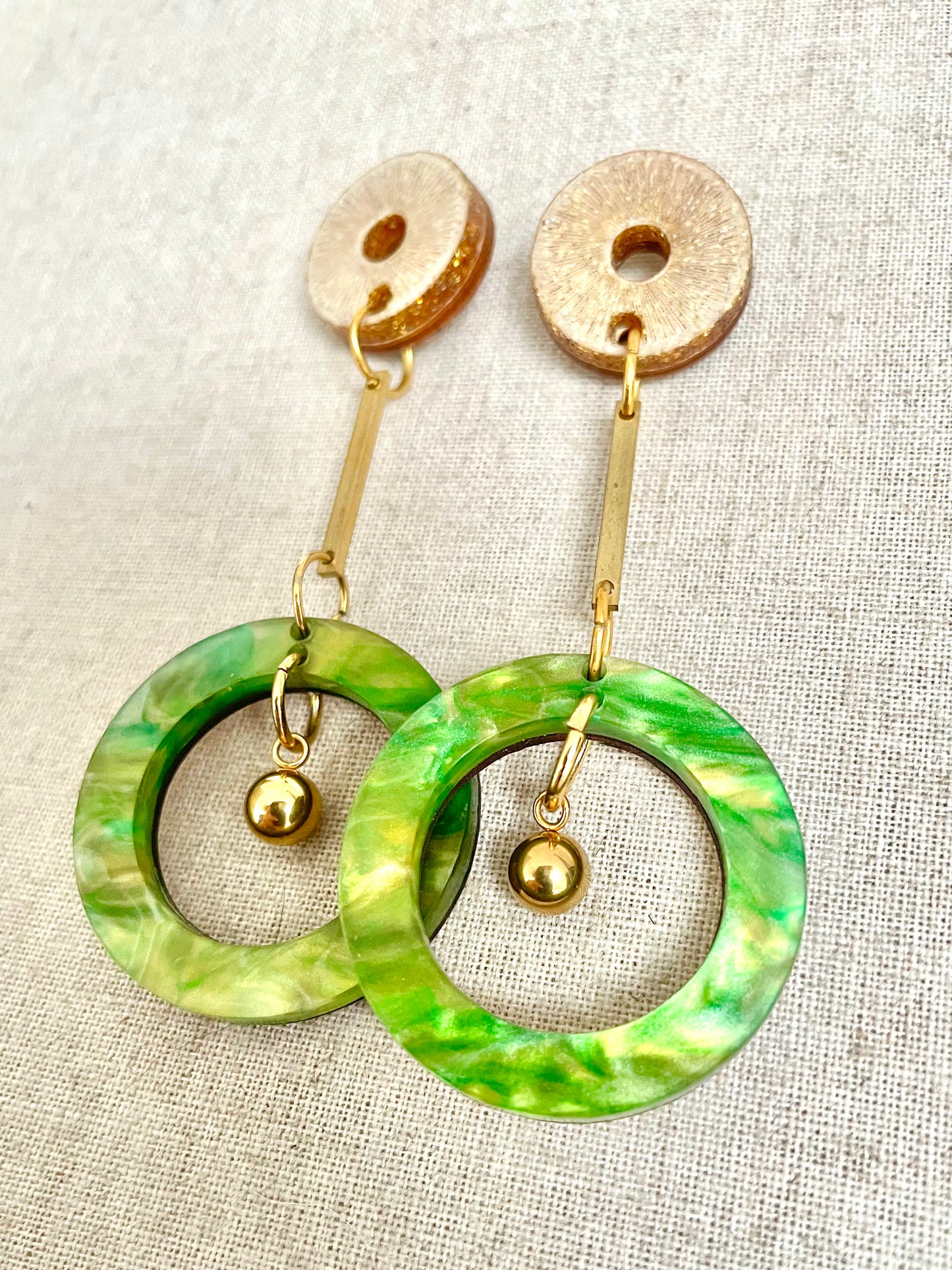 Green and Gold Double Hoop Dangle Earring 7cm x 3cm x 0.6cm