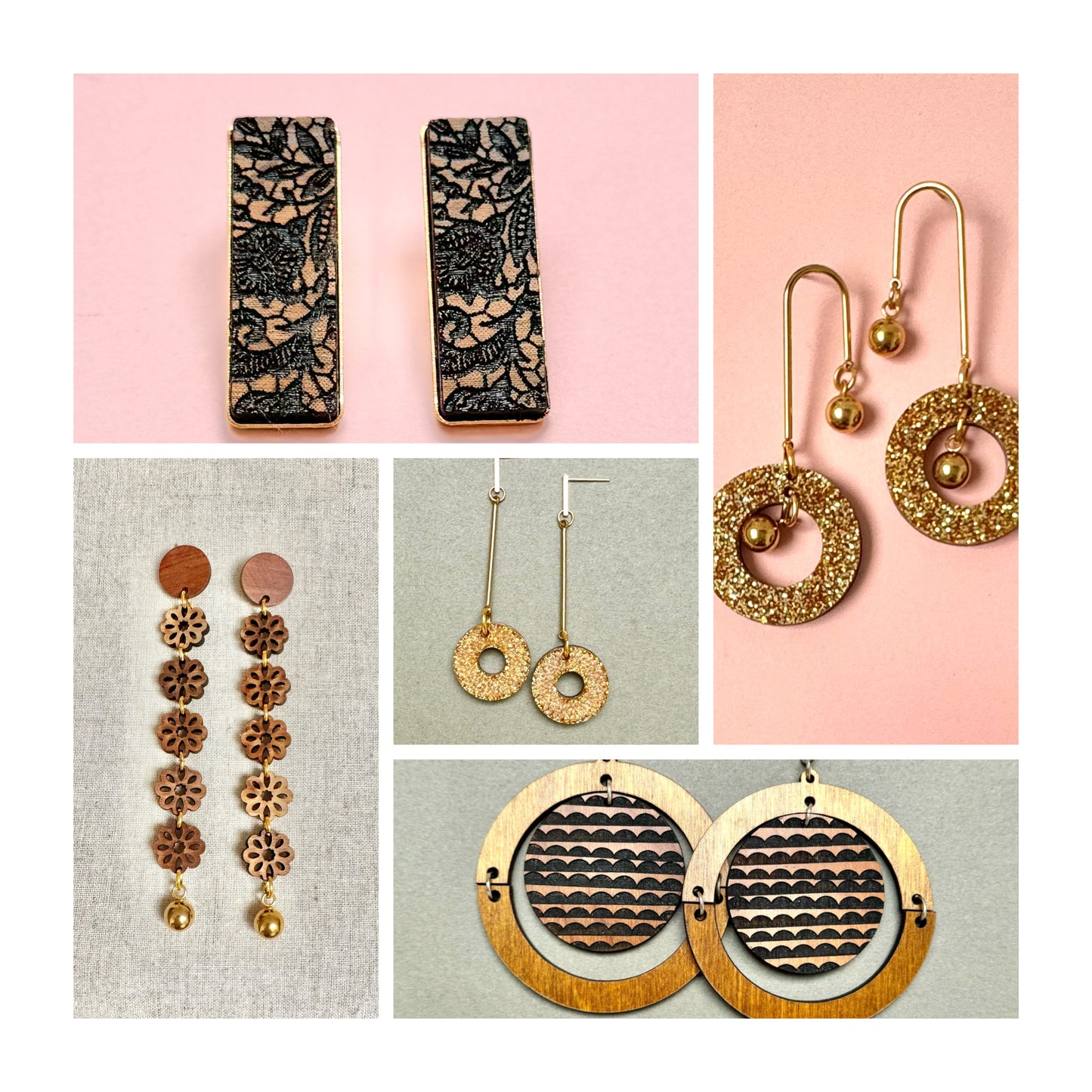 Wooden Lace Pattern Stud Earring 3.5cm x 1cm