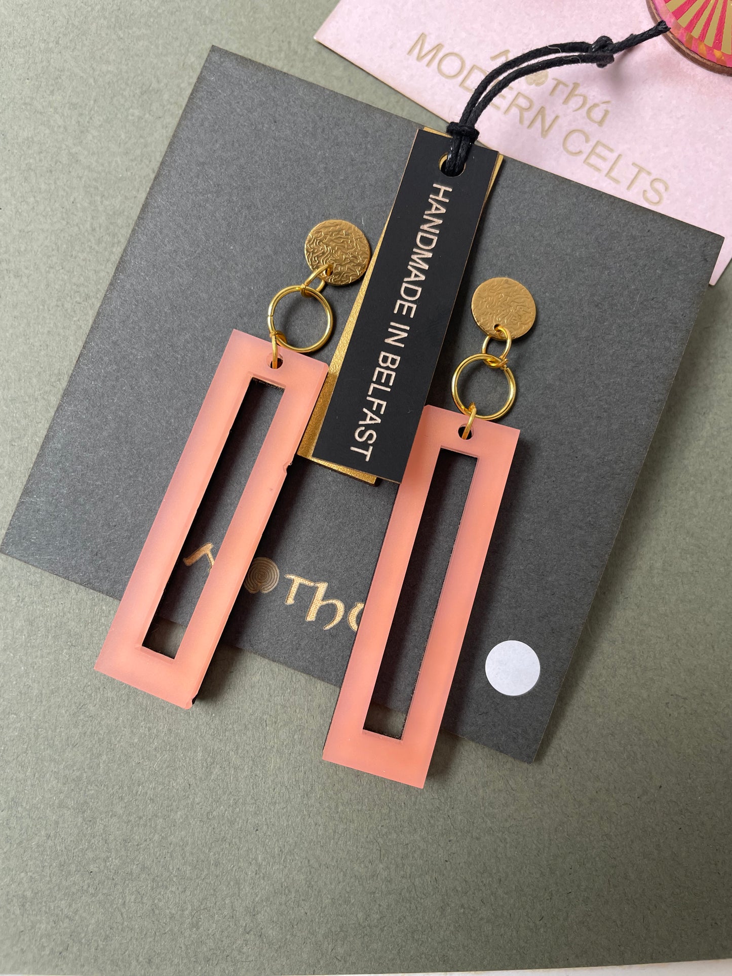 Pink & Gold Dangle Earring, Gold Post, Lined in Wood 7cm x 2cm x 0.6cm