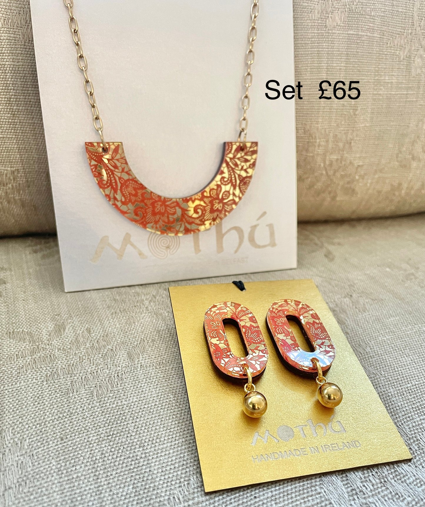 Acrylic and Wood Necklace, Laser etched Lace Pattern Length 20 inches.