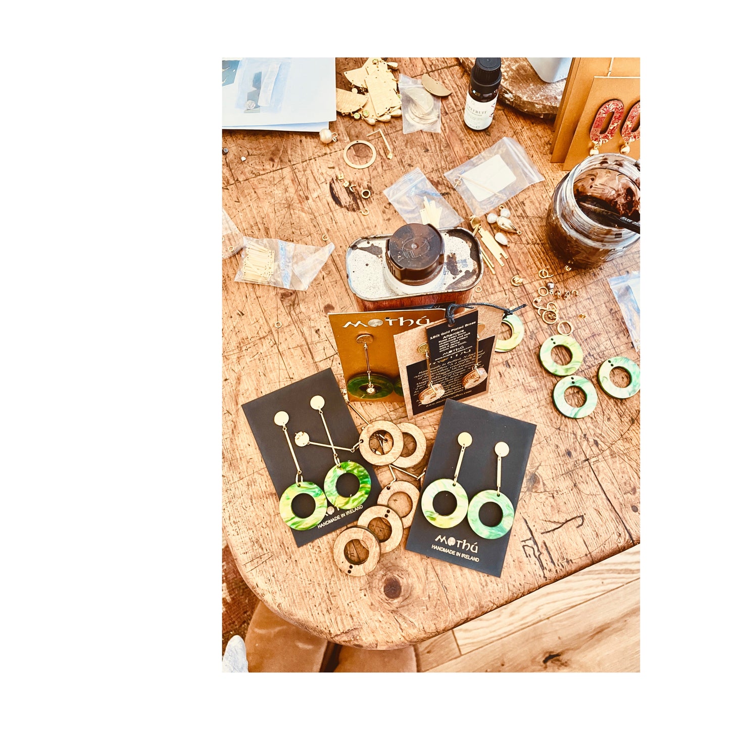 Green Hoop & Gold Plated Brass Bar Dangle Earring 8cm x 4cm x 0.6cm