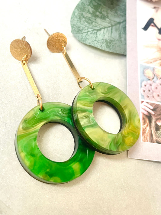 Green Hoop & Gold Plated Brass Bar Dangle Earring 8cm x 4cm x 0.6cm