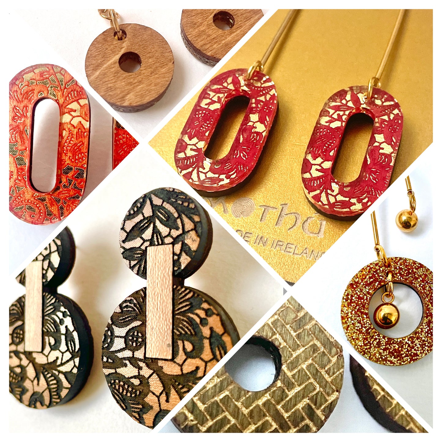 Wooden Oblong, Chunky Stud Earring, Lace Etching With Large Pearl Bead 5cm x 2.5cm x 0.8cm