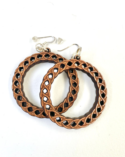 Celtic Knot, Cherry Wood Hoop Earring with Sterling Silver attachment