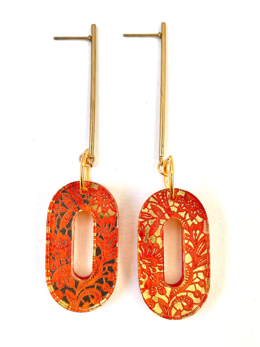 Crimson & gold lace pattern dangle earring, gold plated brass bar attachment - 8cm x 2cm x 0.6cm