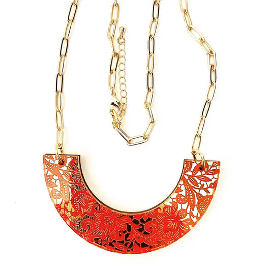 Acrylic and Wood Necklace, Laser etched Lace Pattern Length 20 inches.