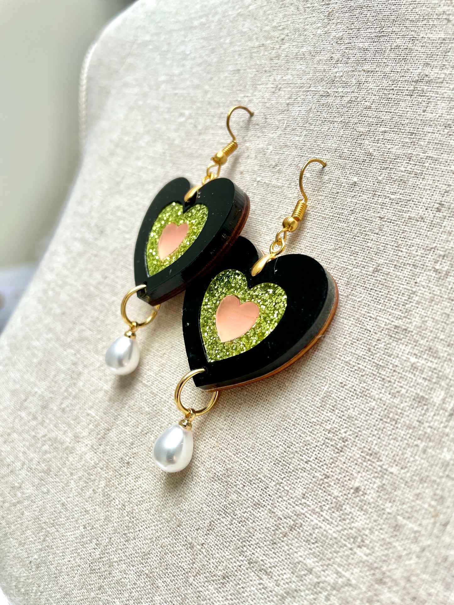 Heart Acrylic Dangle Earring, Pearl Earring, Drop Earring, Celtic Jewellery