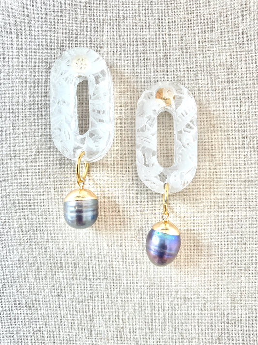 Lace Pattern, Clear Acrylic Dangle Earrings with drop bead 5cm x 2.5cm x 0.7cm