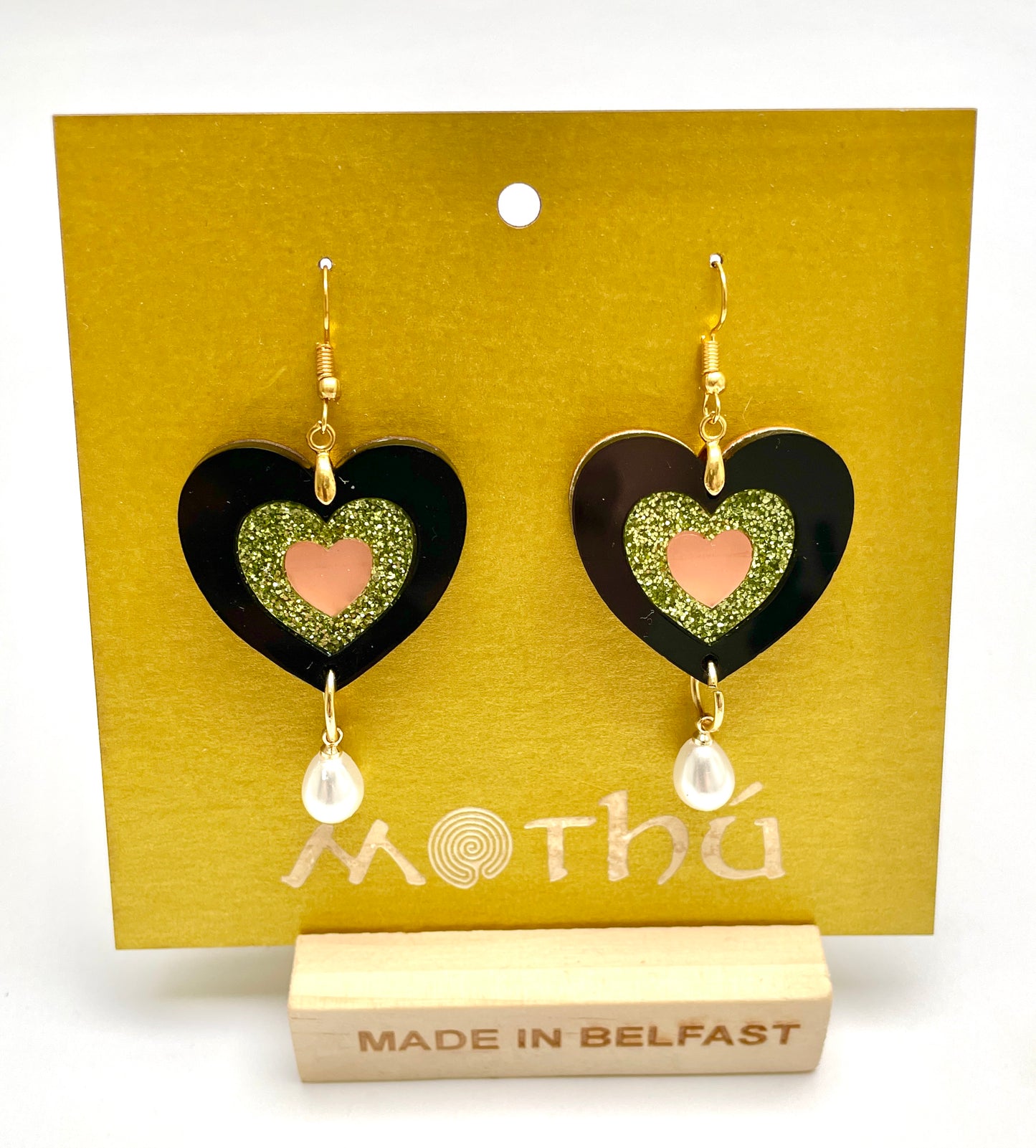 Heart Acrylic Dangle Earring, Pearl Earring, Drop Earring, Celtic Jewellery