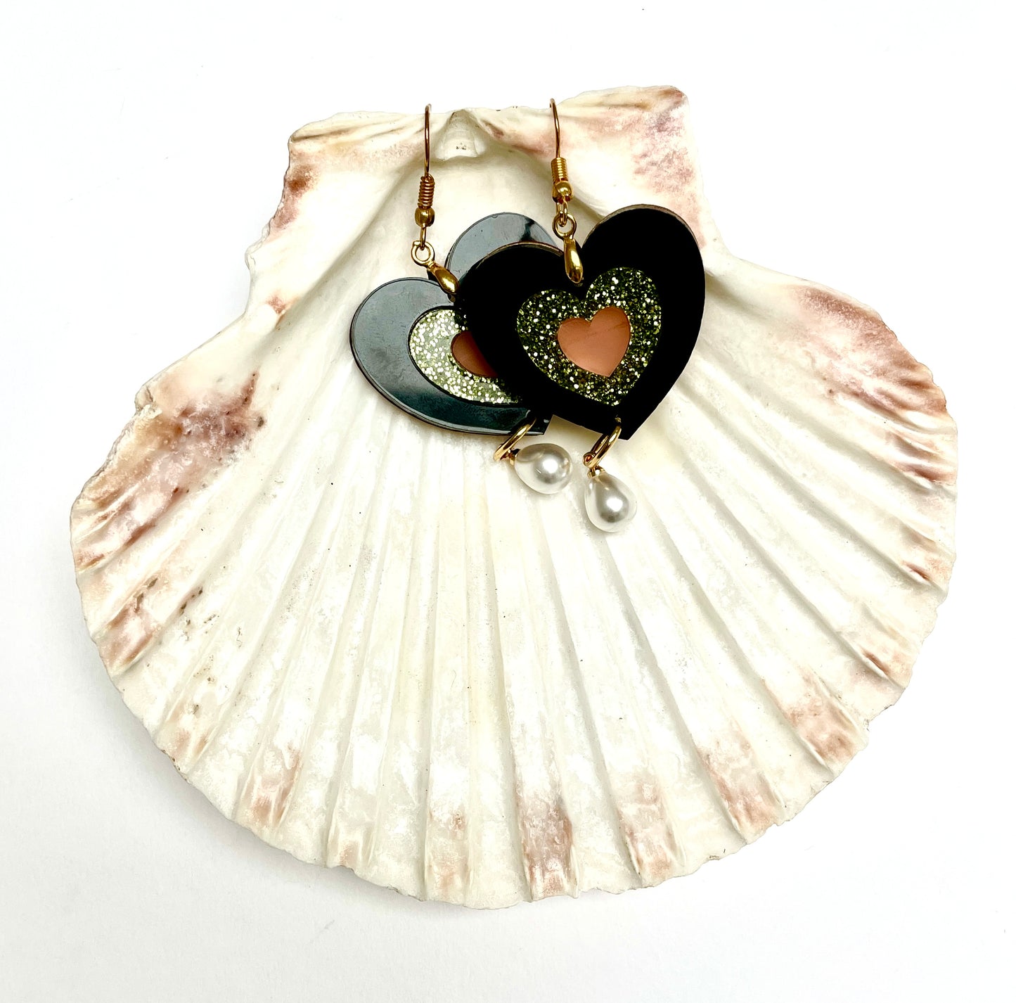 Heart Acrylic Dangle Earring, Pearl Earring, Drop Earring, Celtic Jewellery