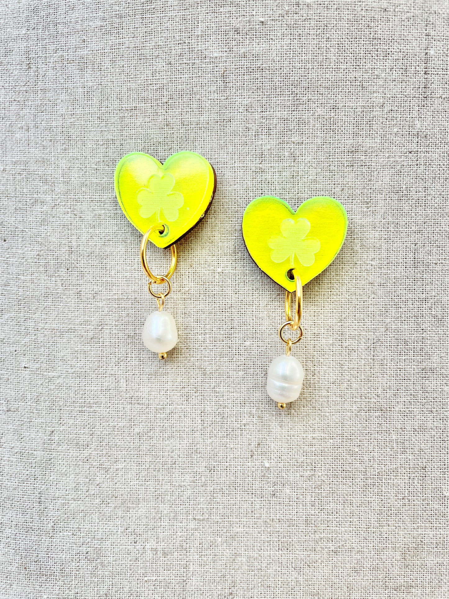 Heart with Shamrocks, Drop Pearl Earrings