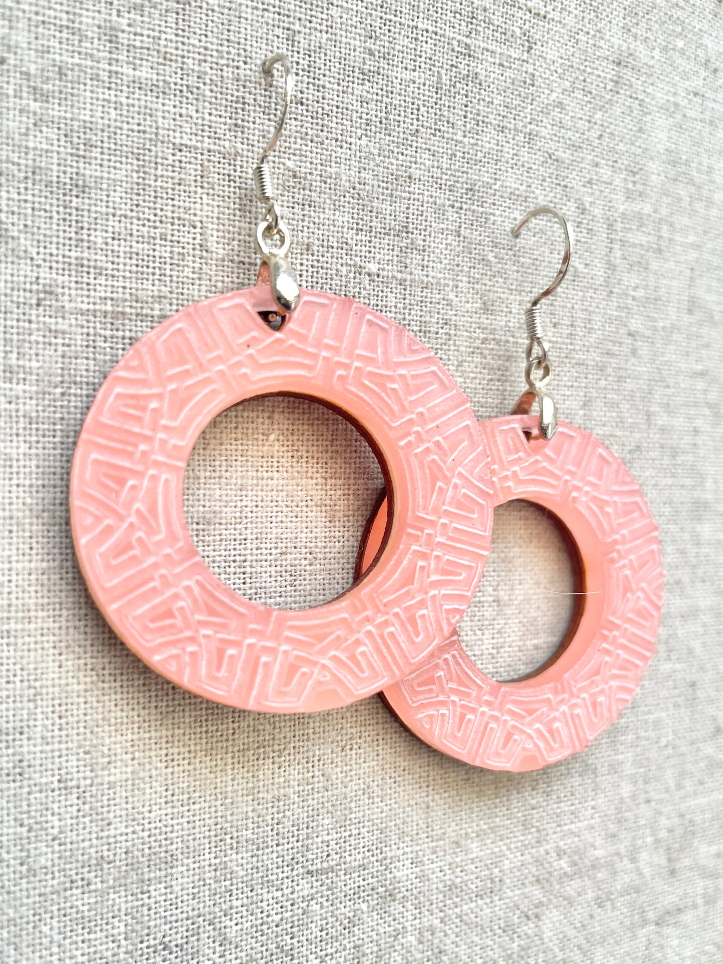 Pink Celtic Etched, Boho Hoop, Dangle Earrings