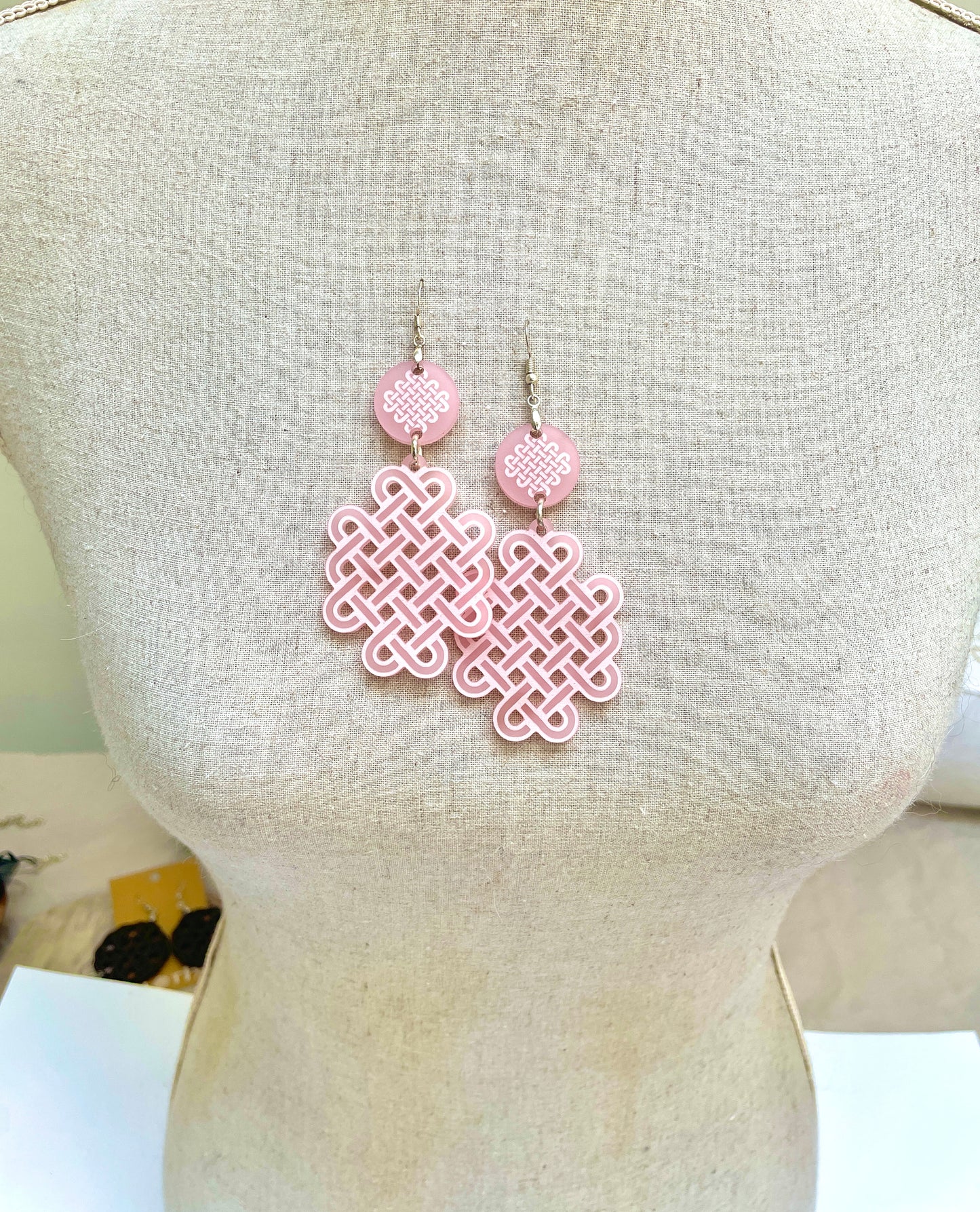 Pink Frosted Acrylic, Celtic Knot Dangle Earring