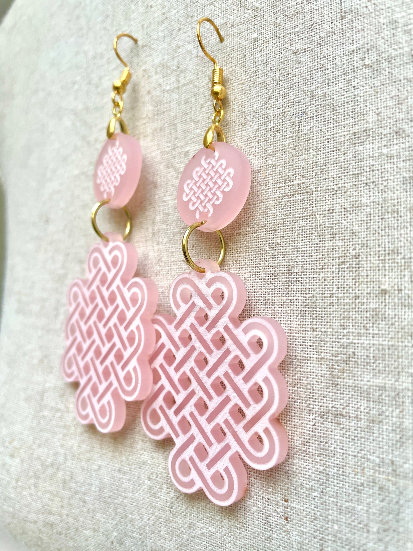Pink Frosted Acrylic, Celtic Knot Dangle Earring