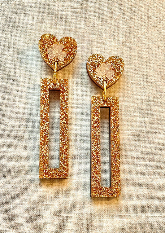 Glitter gold, Shamrock Heart and Rectangle dangle earring 7cm x 1.5cm x 0.6cm