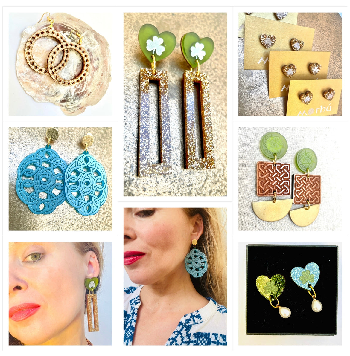 Glitter gold, Shamrock Heart and Rectangle dangle earring 7cm x 1.5cm x 0.6cm