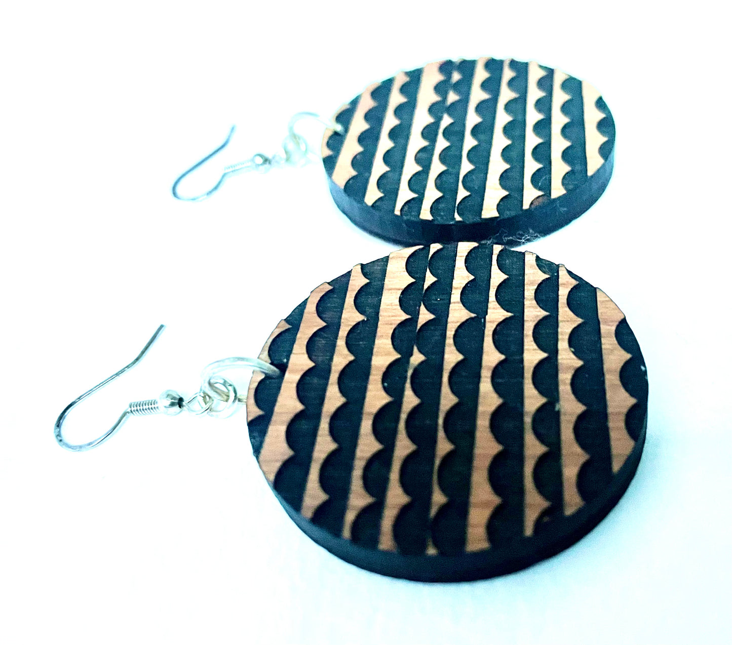 Chunky Wooden Dangle Earring, Abstract Etched Pattern & St.Silver 7cm x 6cm x 0.5cm
