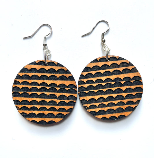 Abstract Pattern, Hand Painted Etched Wooden Dangle Earring with sterling silver attachment