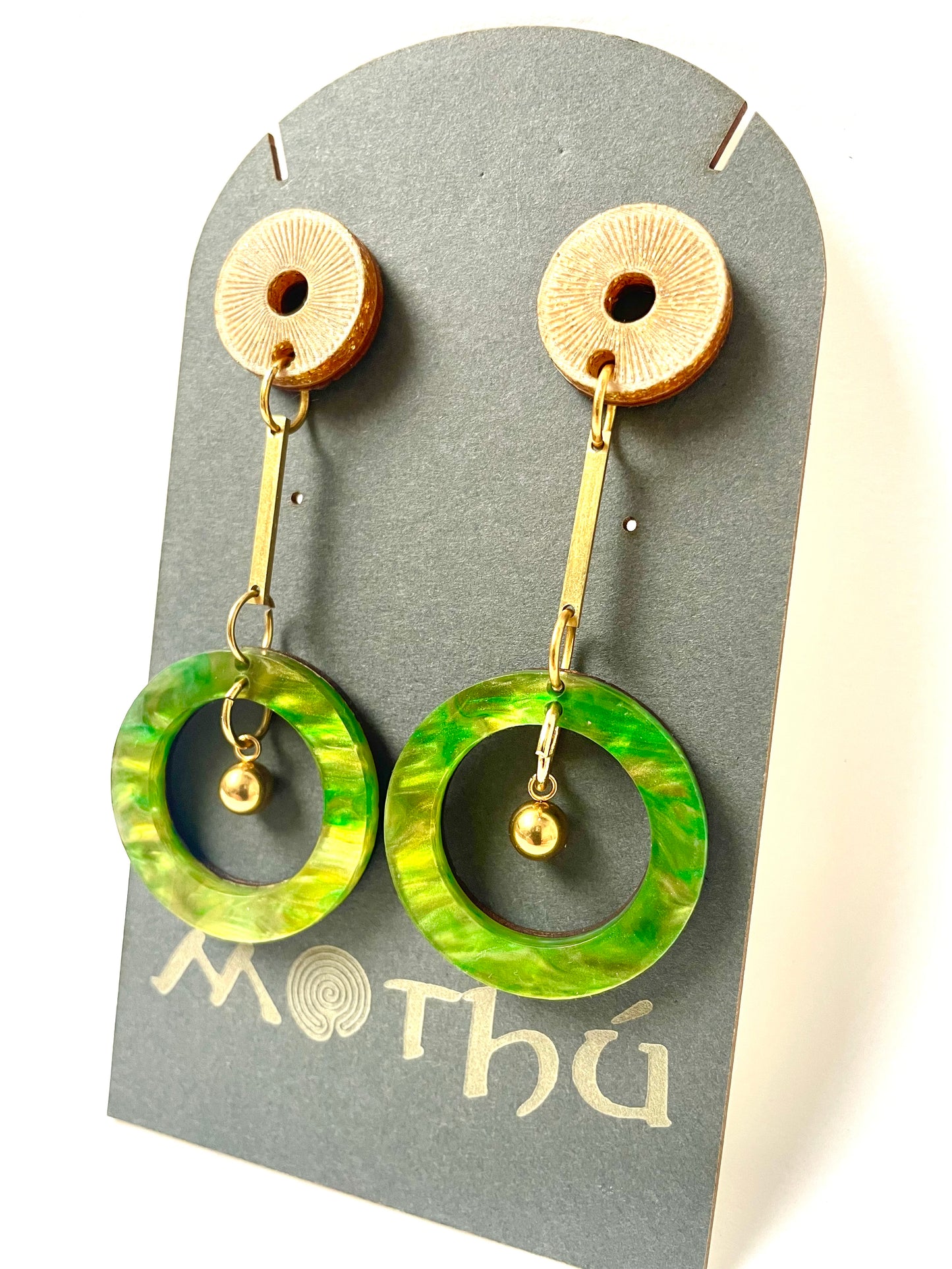 Green and Gold Double Hoop Dangle Earring 7cm x 3cm x 0.6cm