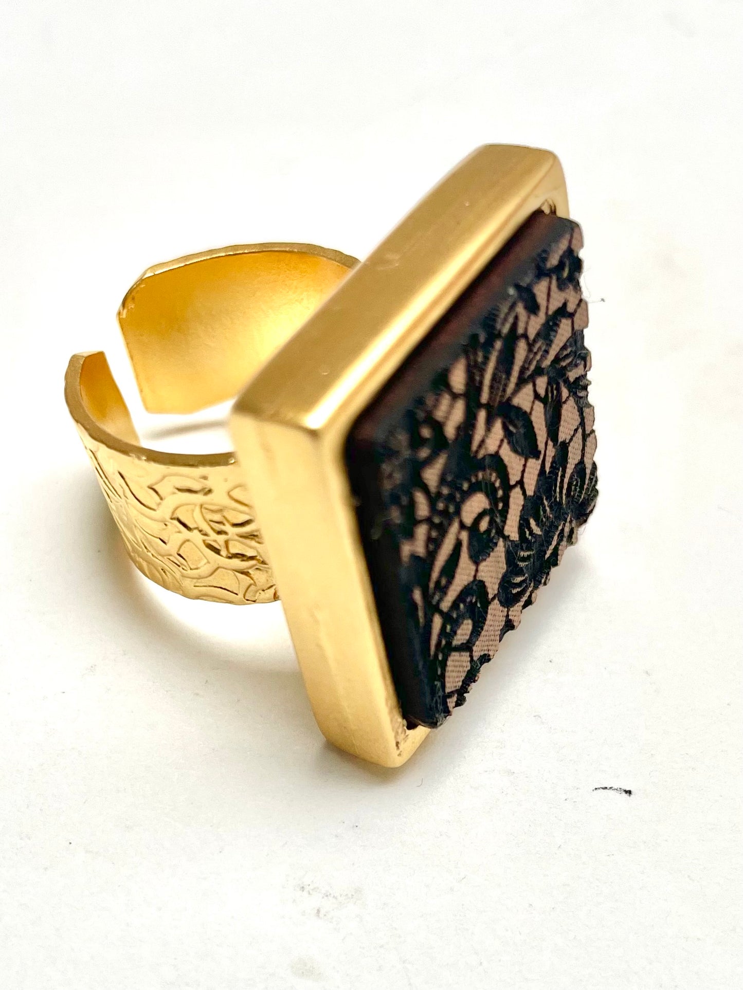 Gold and Wood Etched Ring 2.5x 2.5 one size