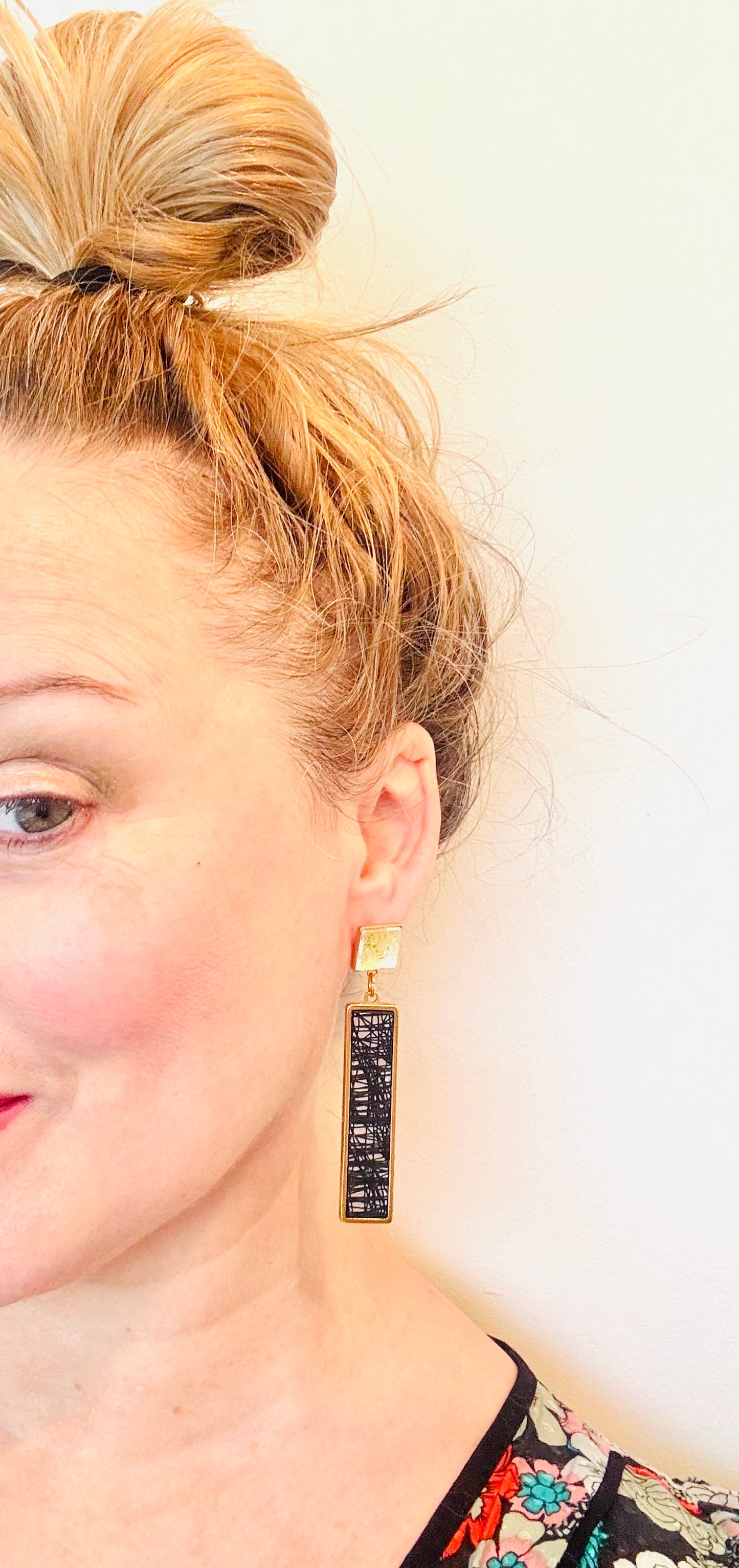 Gold, Black, Silver and Clear Dangle/Statement Earring, Abstract Etching