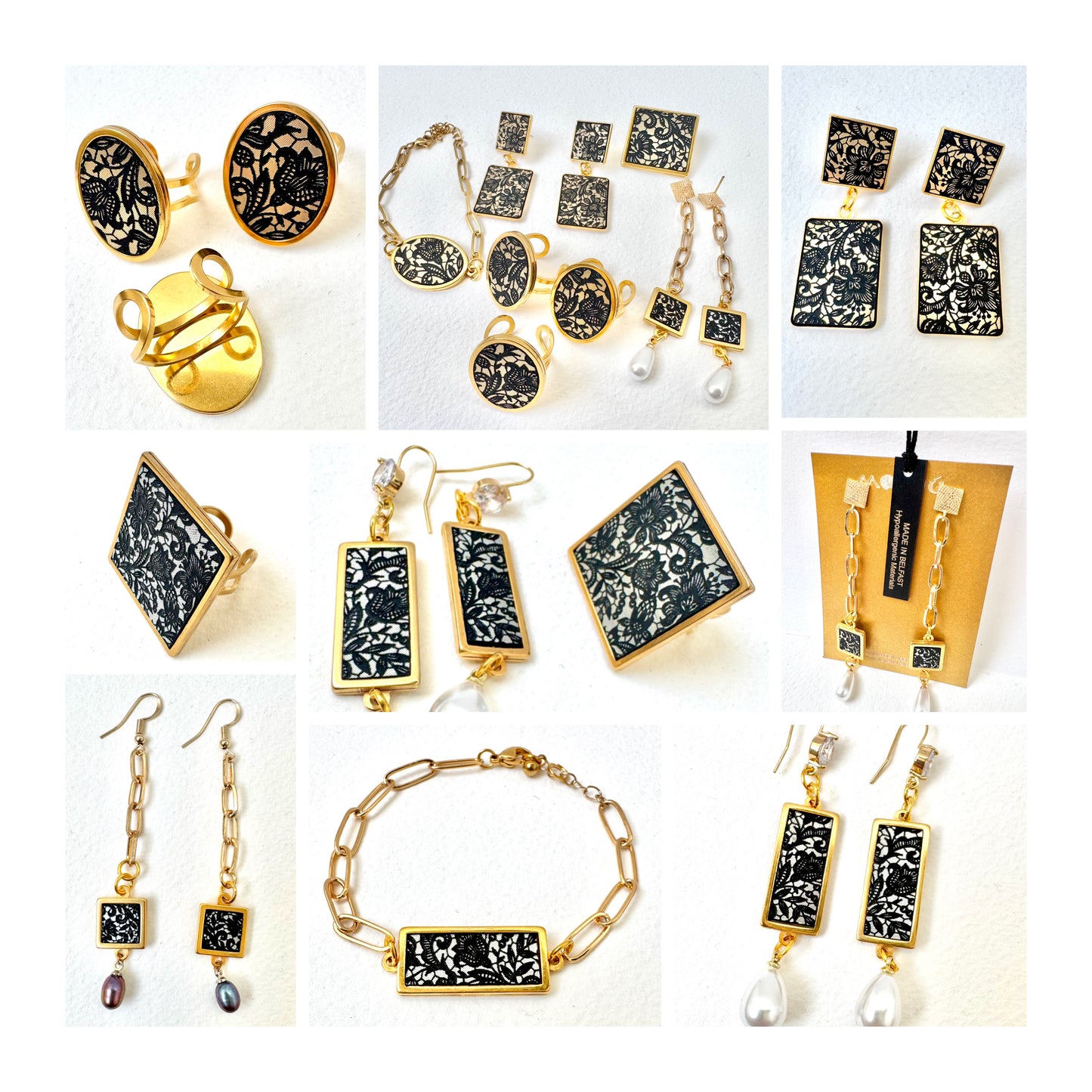 Gold, Diamonte and Lace Etched Dangle Earring