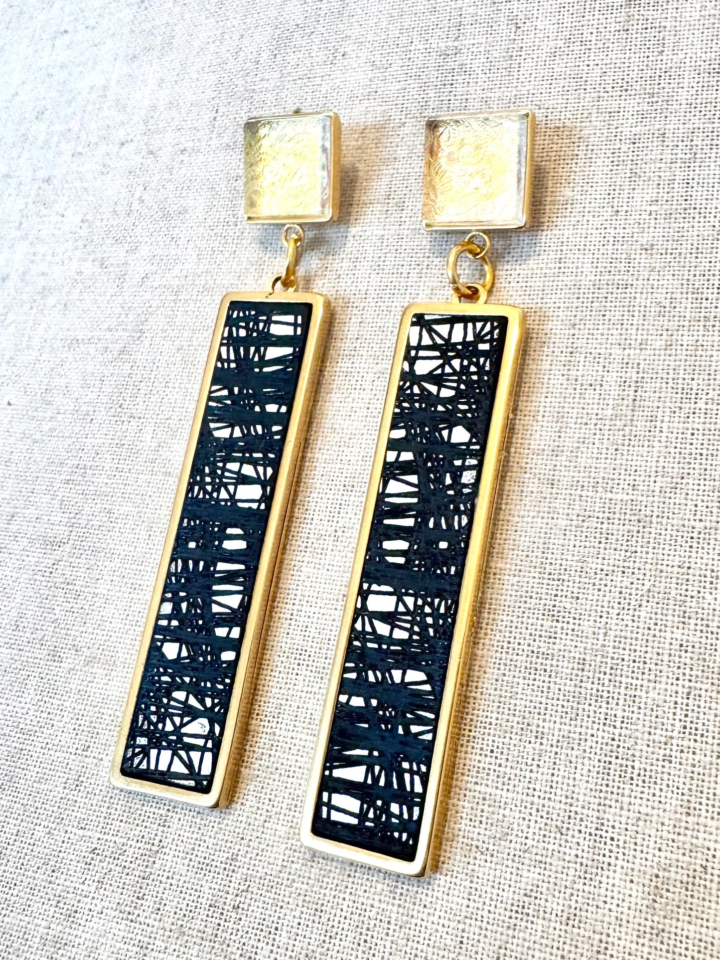 Gold, Black, Silver and Clear Dangle/Statement Earring, Abstract Etching