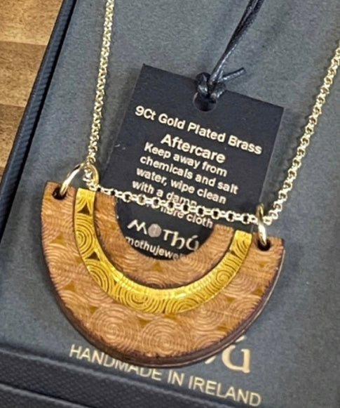 Engraved Wooden Pendant Necklace Gold Plated Vermeil Chain 20”