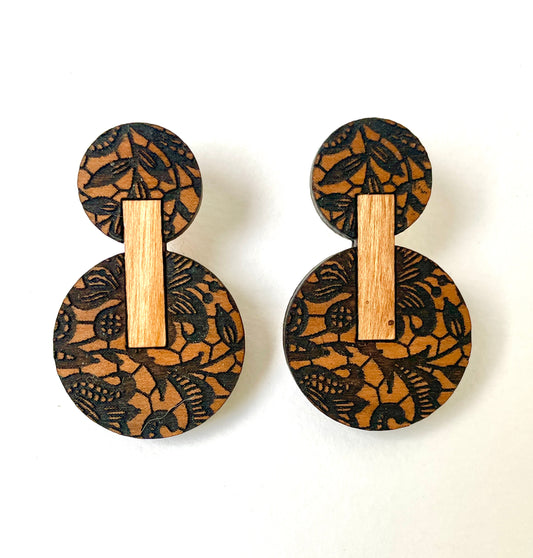 Wooden Stud Earring, Lace Pattern 4.5cm x 2.5cm x 0.5cm