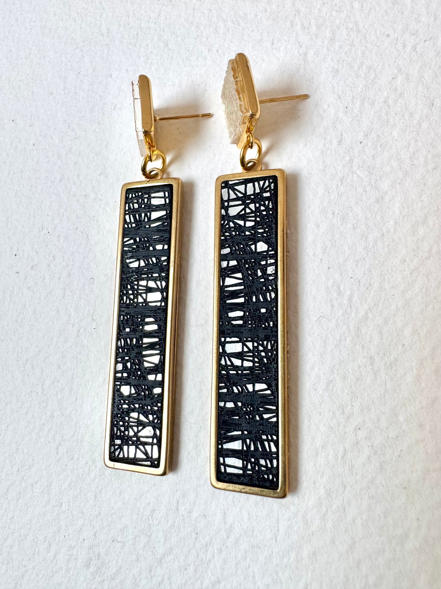 Gold, Black, Silver and Clear Dangle/Statement Earring, Abstract Etching