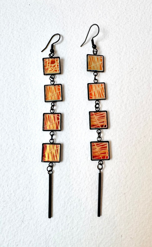 Four x Piece Dangle Earring, Black & Clear Etched Abstract Pattern