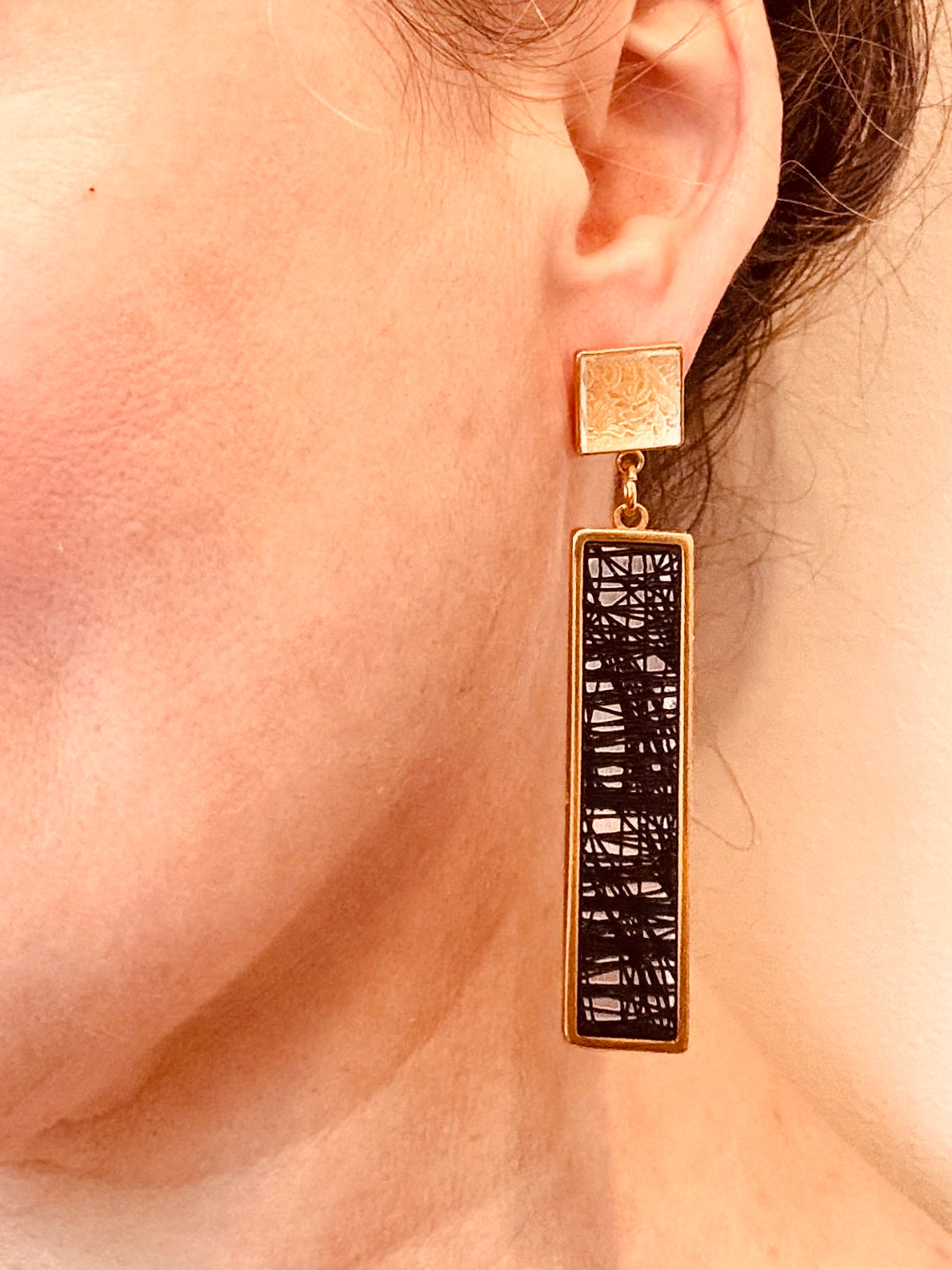 Gold, Black, Silver and Clear Dangle/Statement Earring, Abstract Etching