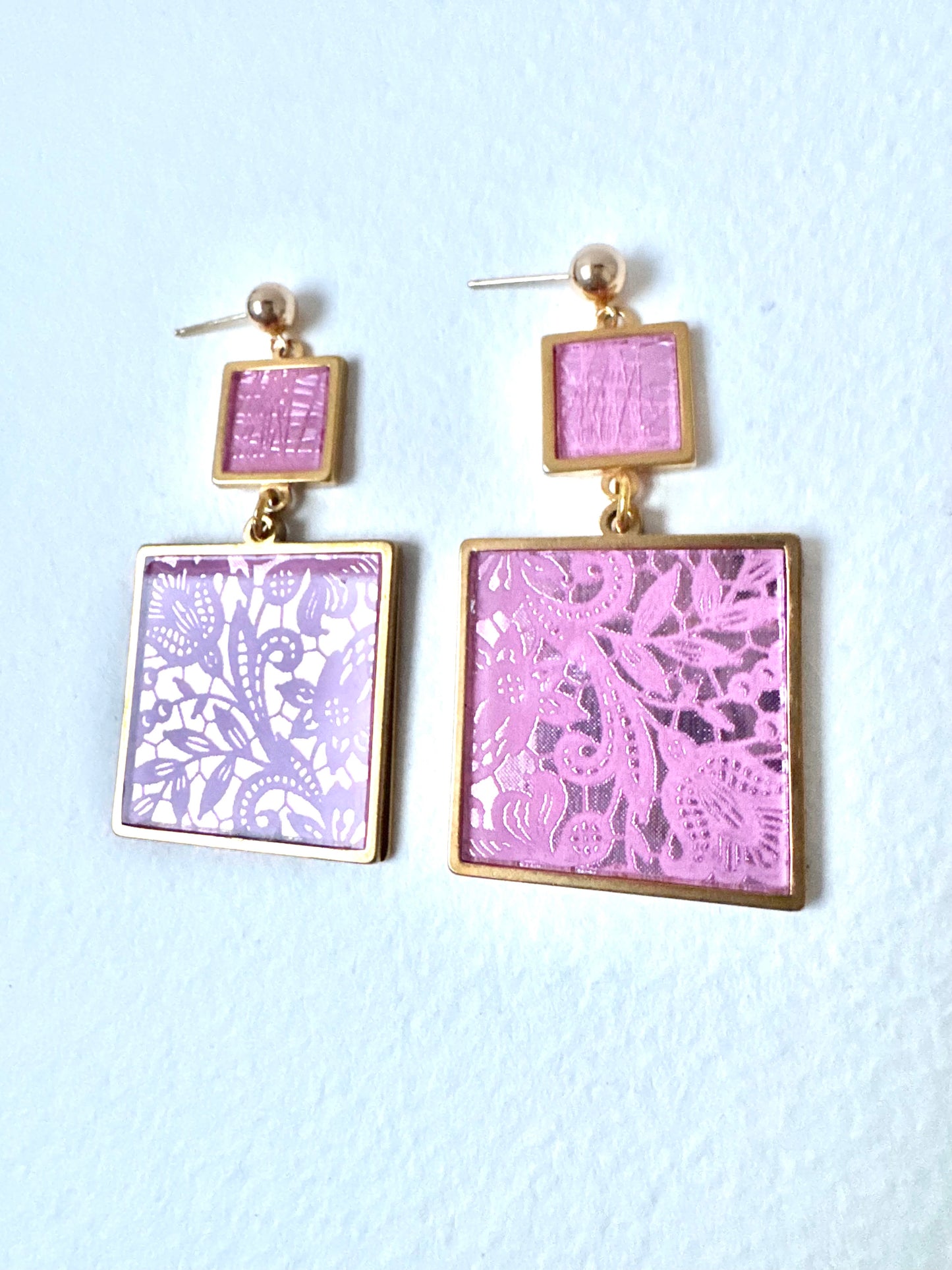 Pink Lace Mirror and Gold 2 x Piece Dangle Earring