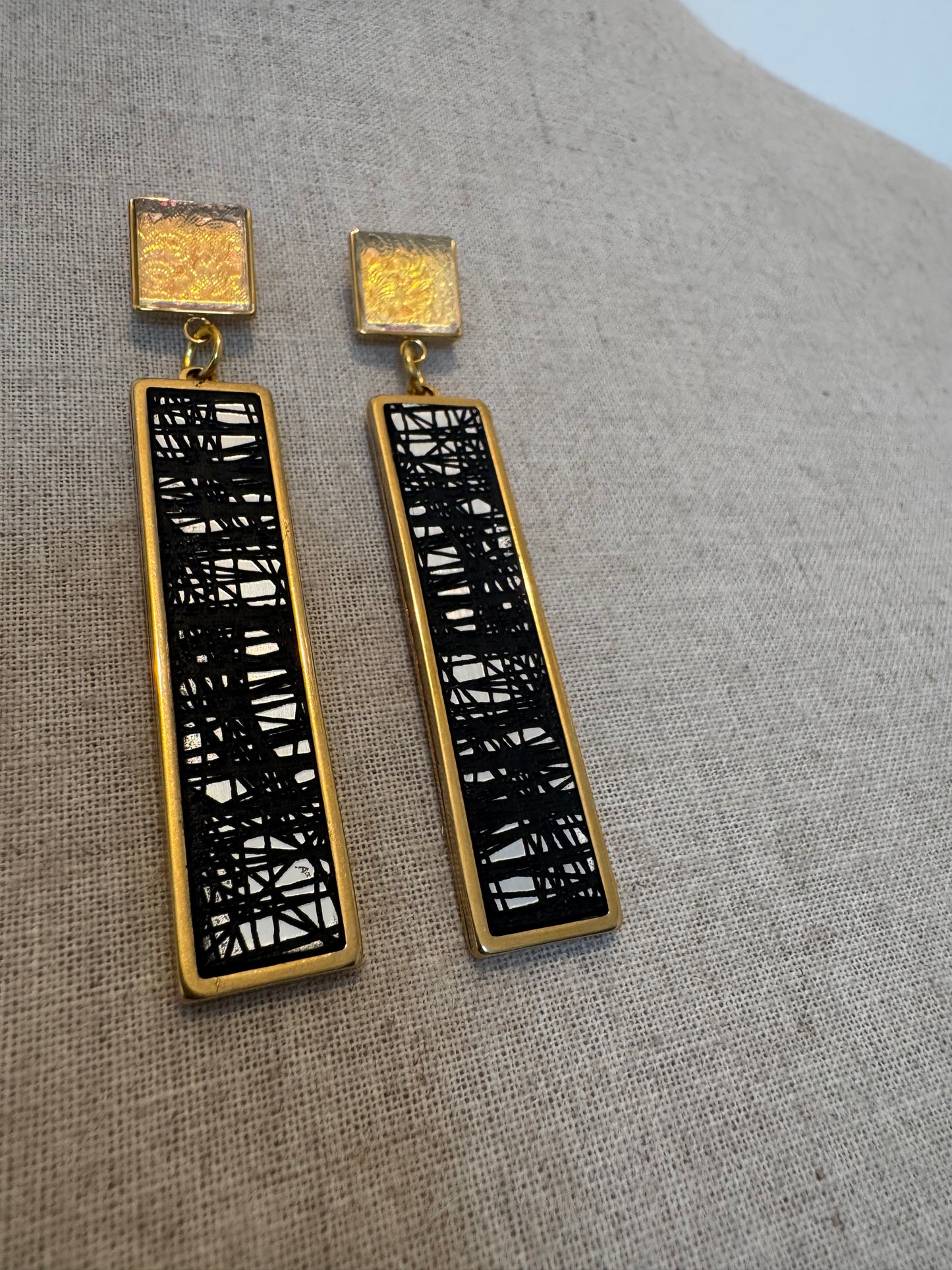 Gold, Black, Silver and Clear Dangle/Statement Earring, Abstract Etching