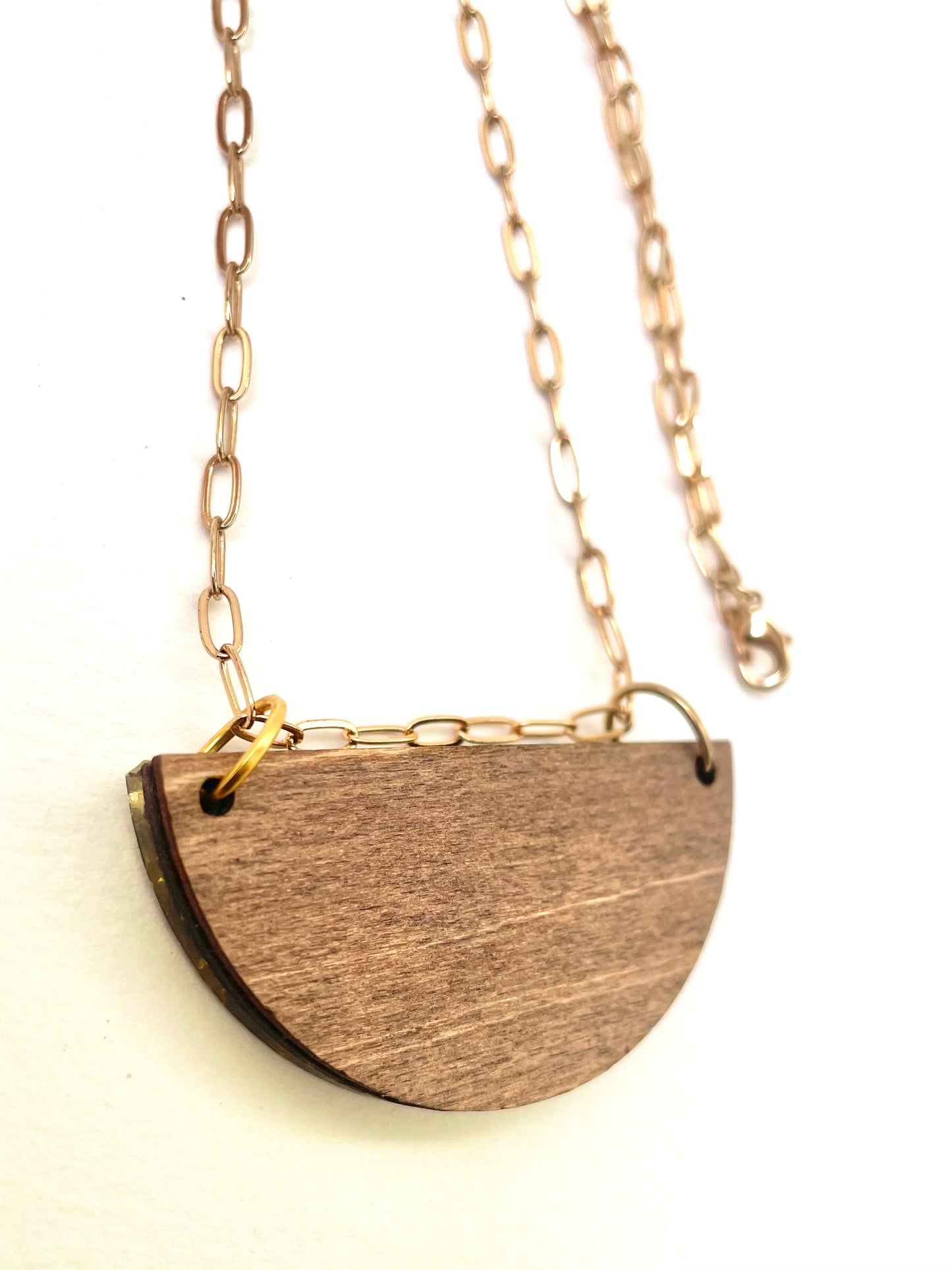 Semi Circle Pendant Necklace, Etched Mirror & Wood, 20 inch gold plated chain
