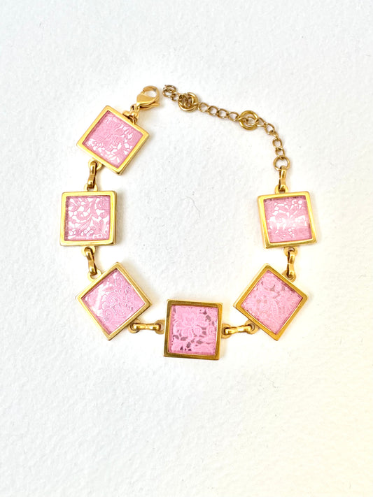 Pink lace mirror multi square Bracelet